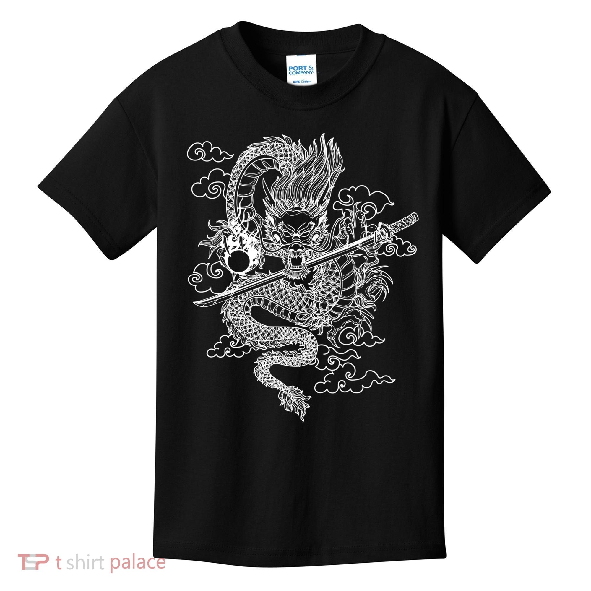 White Chinese Dragon With Black Background Kids T-Shirt
