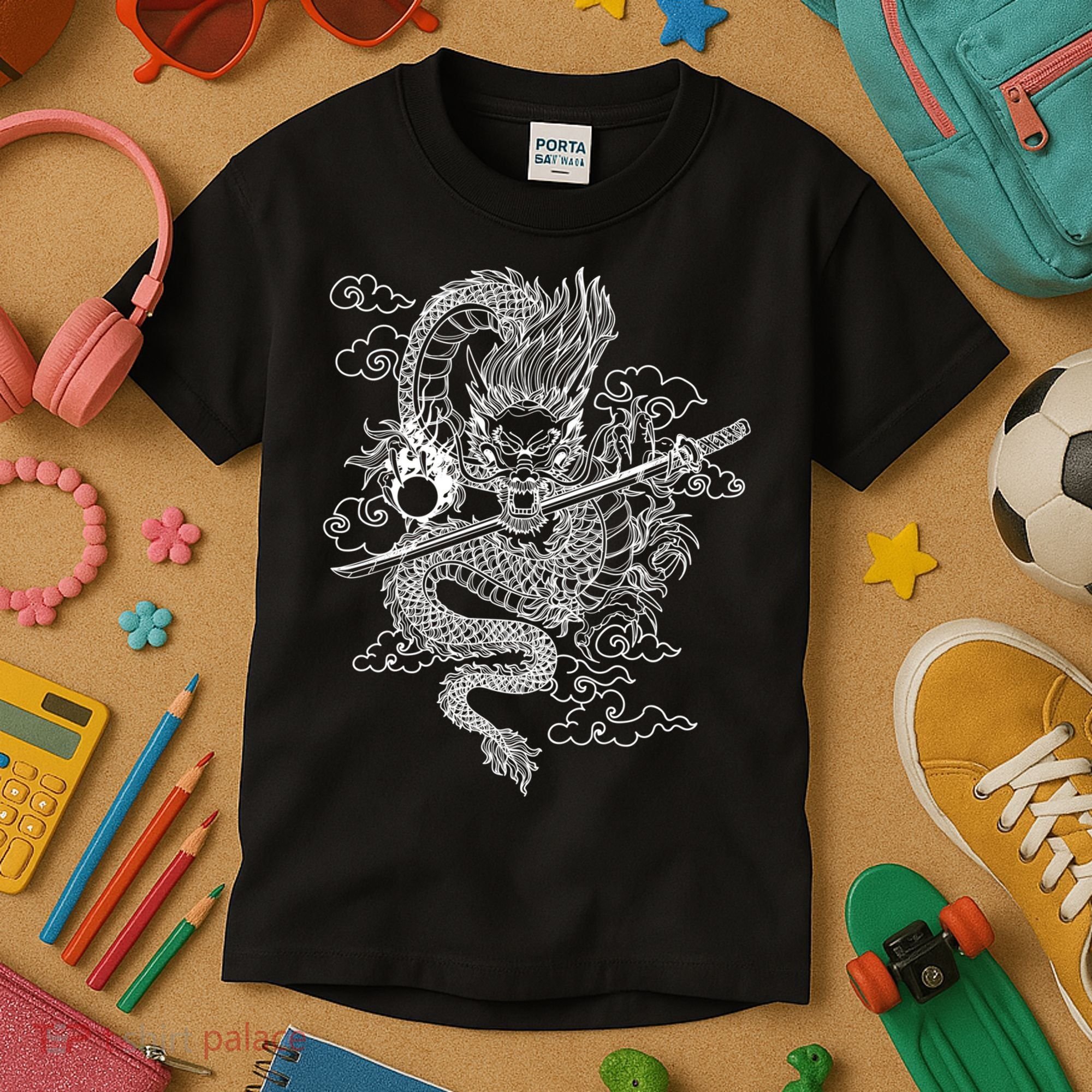 White Chinese Dragon With Black Background Kids T-Shirt