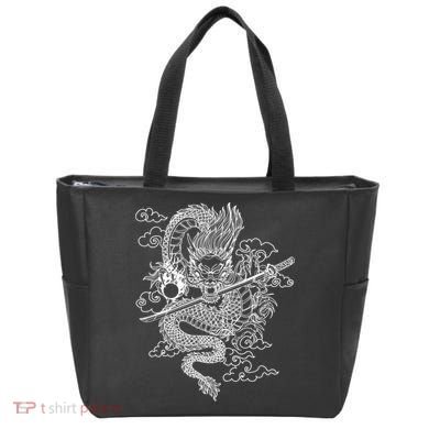 White Chinese Dragon With Black Background Tote Bag