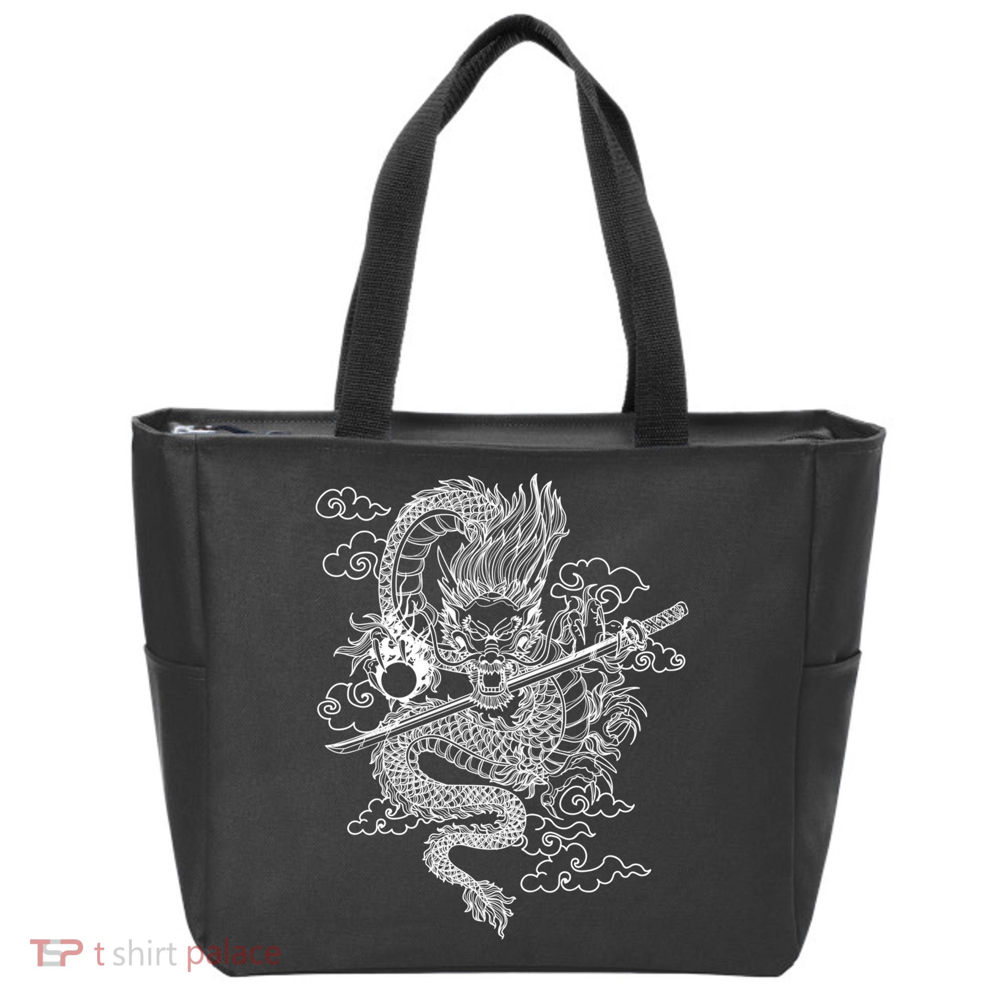 White Chinese Dragon With Black Background Tote Bag