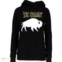 We Comin Deion Sanders Buffaloes Coach Prime Womens Funnel Neck Pullover Hood thumb 0