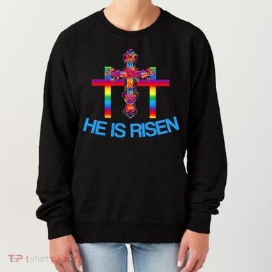 Womens Christian Easter Colorful Rainbow CrossHe Is Risen Women's Sweatshirt