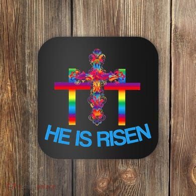 Womens Christian Easter Colorful Rainbow CrossHe Is Risen Coaster