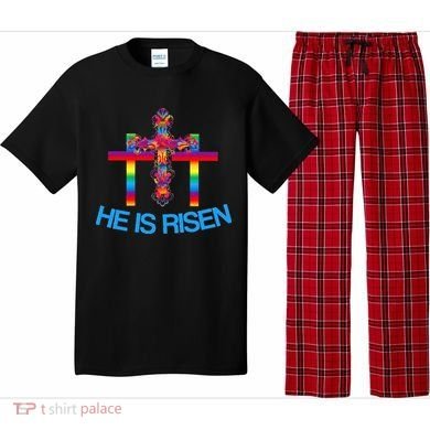Womens Christian Easter Colorful Rainbow CrossHe Is Risen Pajama Set