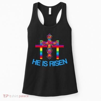 Womens Christian Easter Colorful Rainbow CrossHe Is Risen Women's Tank Top