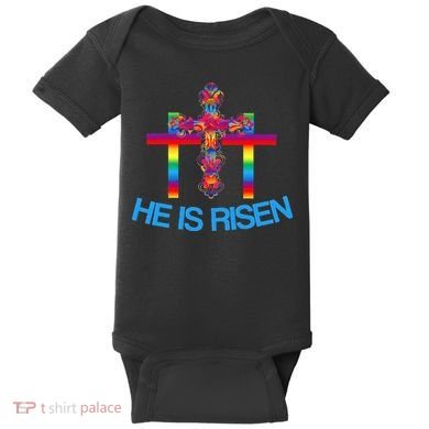 Womens Christian Easter Colorful Rainbow CrossHe Is Risen Baby Bodysuit