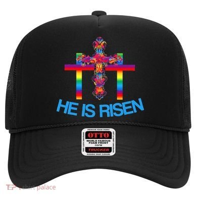 Womens Christian Easter Colorful Rainbow CrossHe Is Risen Hat