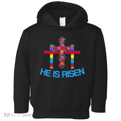 Womens Christian Easter Colorful Rainbow CrossHe Is Risen Toddler Hoodie