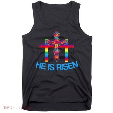 Womens Christian Easter Colorful Rainbow CrossHe Is Risen Tank Top