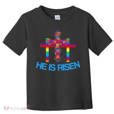 Womens Christian Easter Colorful Rainbow CrossHe Is Risen Toddler T-Shirt