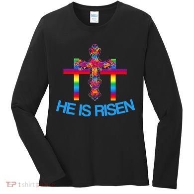 Womens Christian Easter Colorful Rainbow CrossHe Is Risen Women's Long Sleeve Shirt