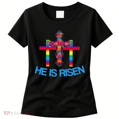 Womens Christian Easter Colorful Rainbow CrossHe Is Risen Women's T-Shirt