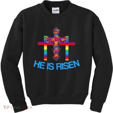Womens Christian Easter Colorful Rainbow CrossHe Is Risen Kids Sweatshirt