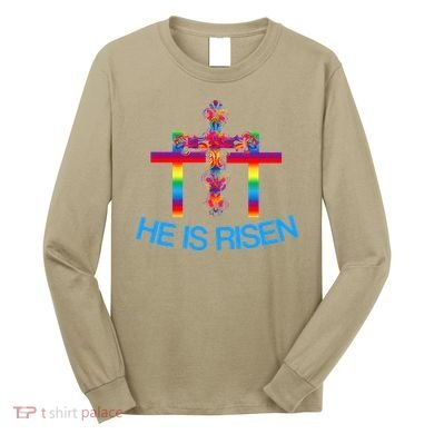 Womens Christian Easter Colorful Rainbow CrossHe Is Risen Long Sleeve Shirt