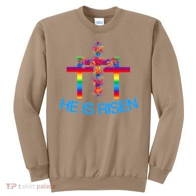Womens Christian Easter Colorful Rainbow CrossHe Is Risen Sweatshirt
