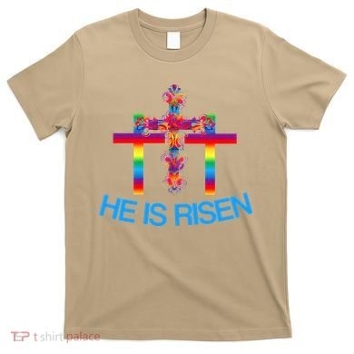 Womens Christian Easter Colorful Rainbow CrossHe Is Risen T-Shirt