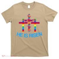 Womens Christian Easter Colorful Rainbow CrossHe Is Risen T-Shirt thumb 0