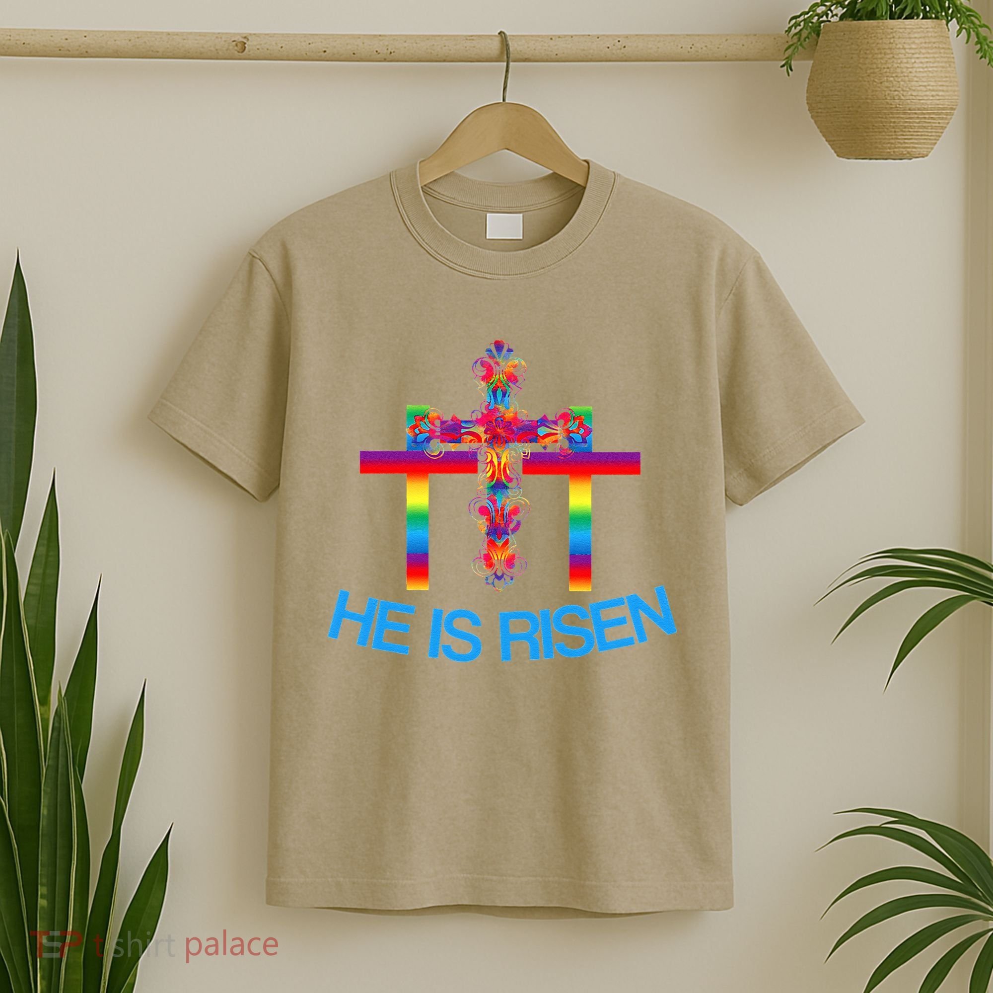 Womens Christian Easter Colorful Rainbow CrossHe Is Risen T-Shirt