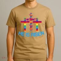 Womens Christian Easter Colorful Rainbow CrossHe Is Risen T-Shirt thumb 3