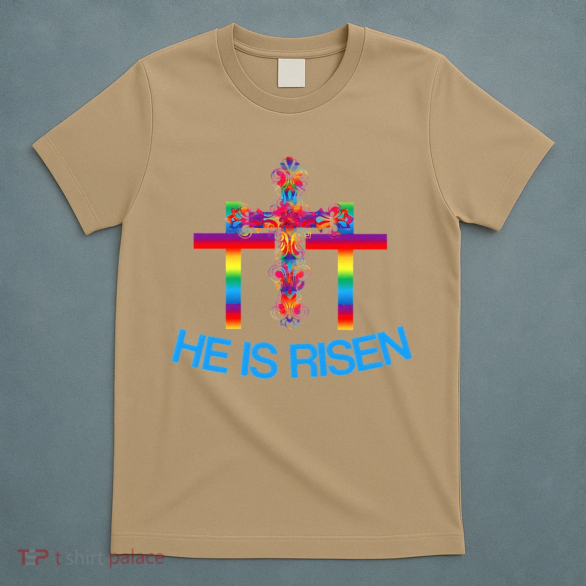 Womens Christian Easter Colorful Rainbow CrossHe Is Risen T-Shirt