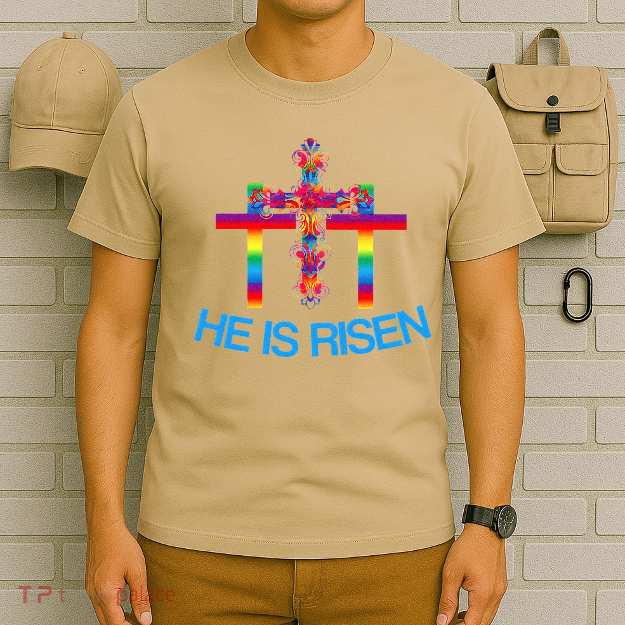 Womens Christian Easter Colorful Rainbow CrossHe Is Risen T-Shirt