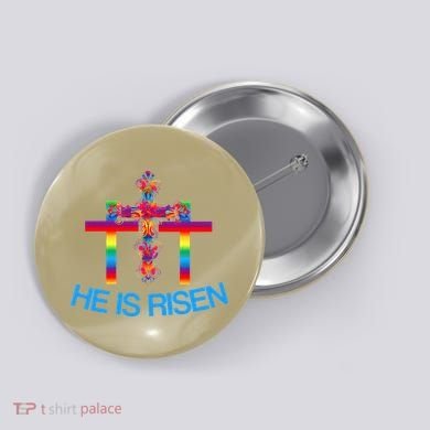 Womens Christian Easter Colorful Rainbow CrossHe Is Risen Button