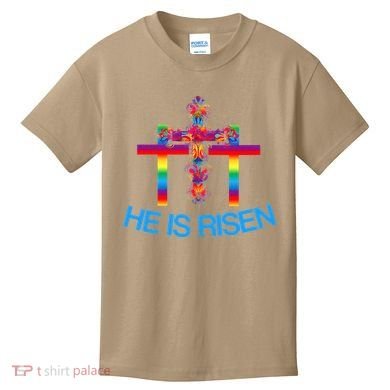 Womens Christian Easter Colorful Rainbow CrossHe Is Risen Kids T-Shirt
