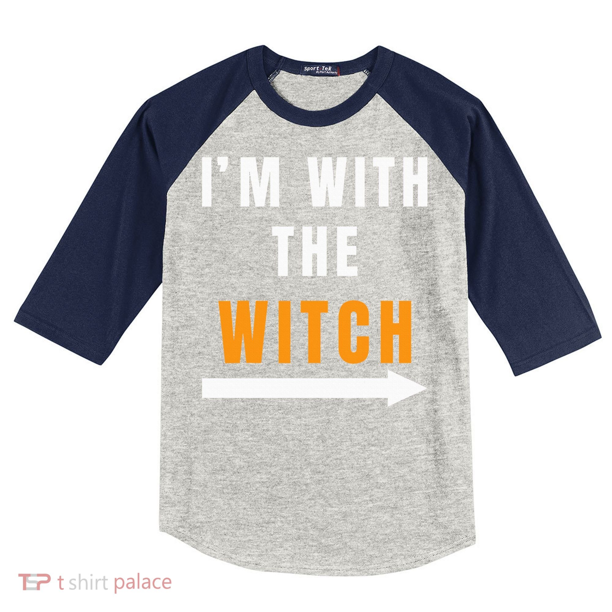 witch costume I'm With The Witch Funny Halloween Kids Colorblock Raglan Jersey