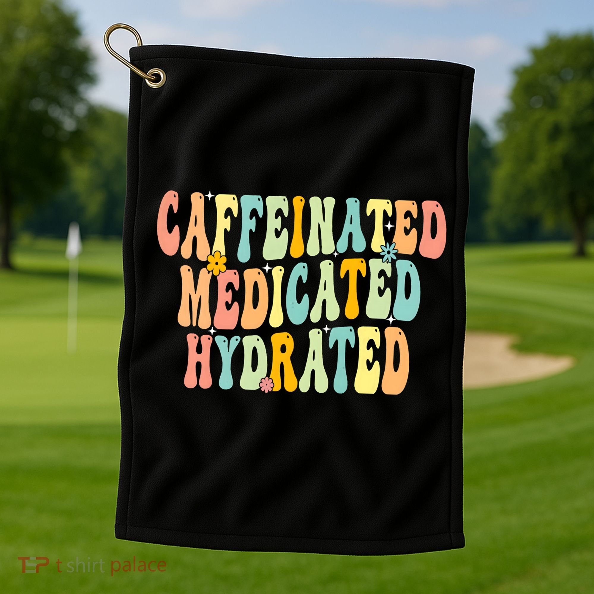 Womens Caffeinated Medicated Hydrated Funny Saying Nurse Teacher Golf Towel