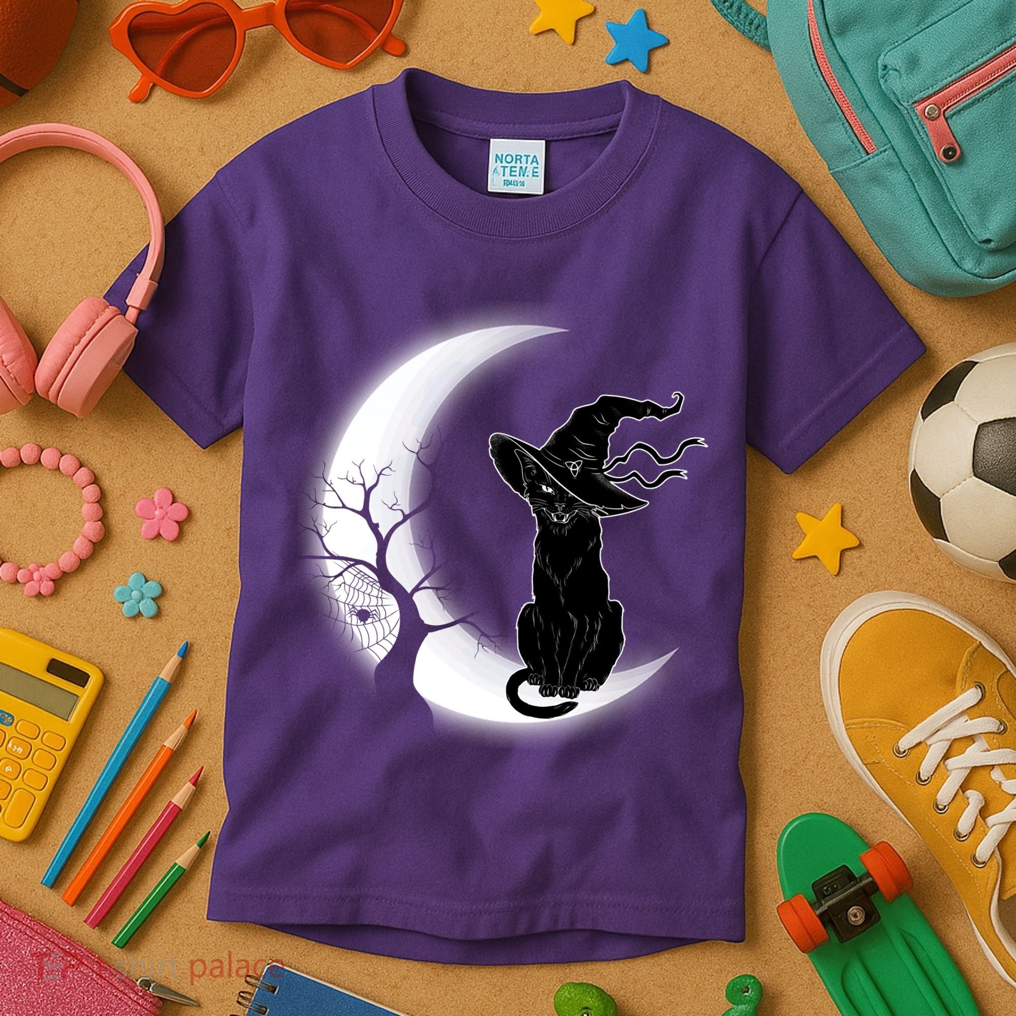 Witch Cat Moon Halloween Kids T-Shirt