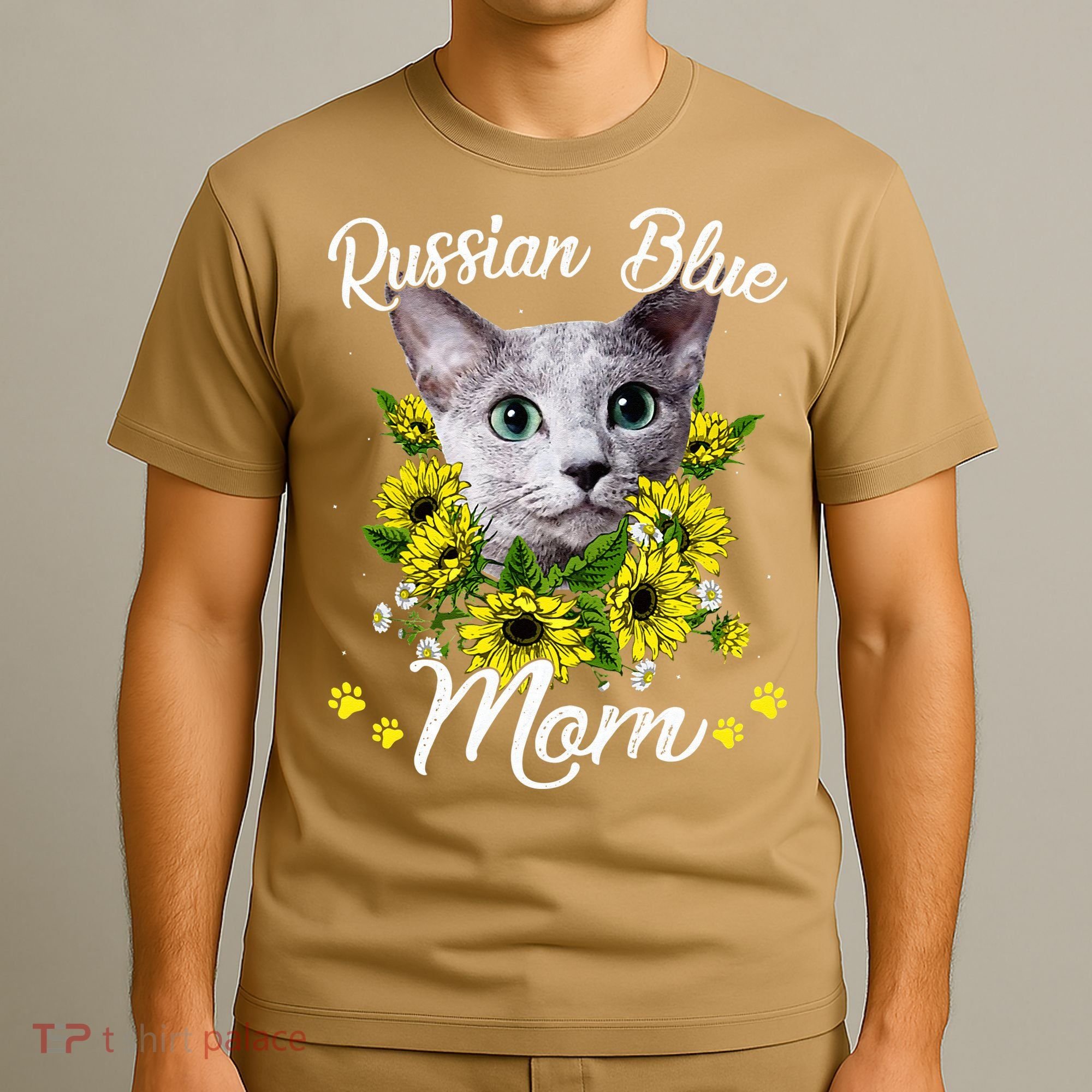 Womens Cat Mom Mother's Day Kitten Sunflower Russian Blue Mom T-Shirt