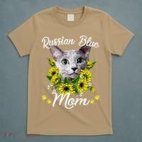 Womens Cat Mom Mother's Day Kitten Sunflower Russian Blue Mom T-Shirt thumb 5