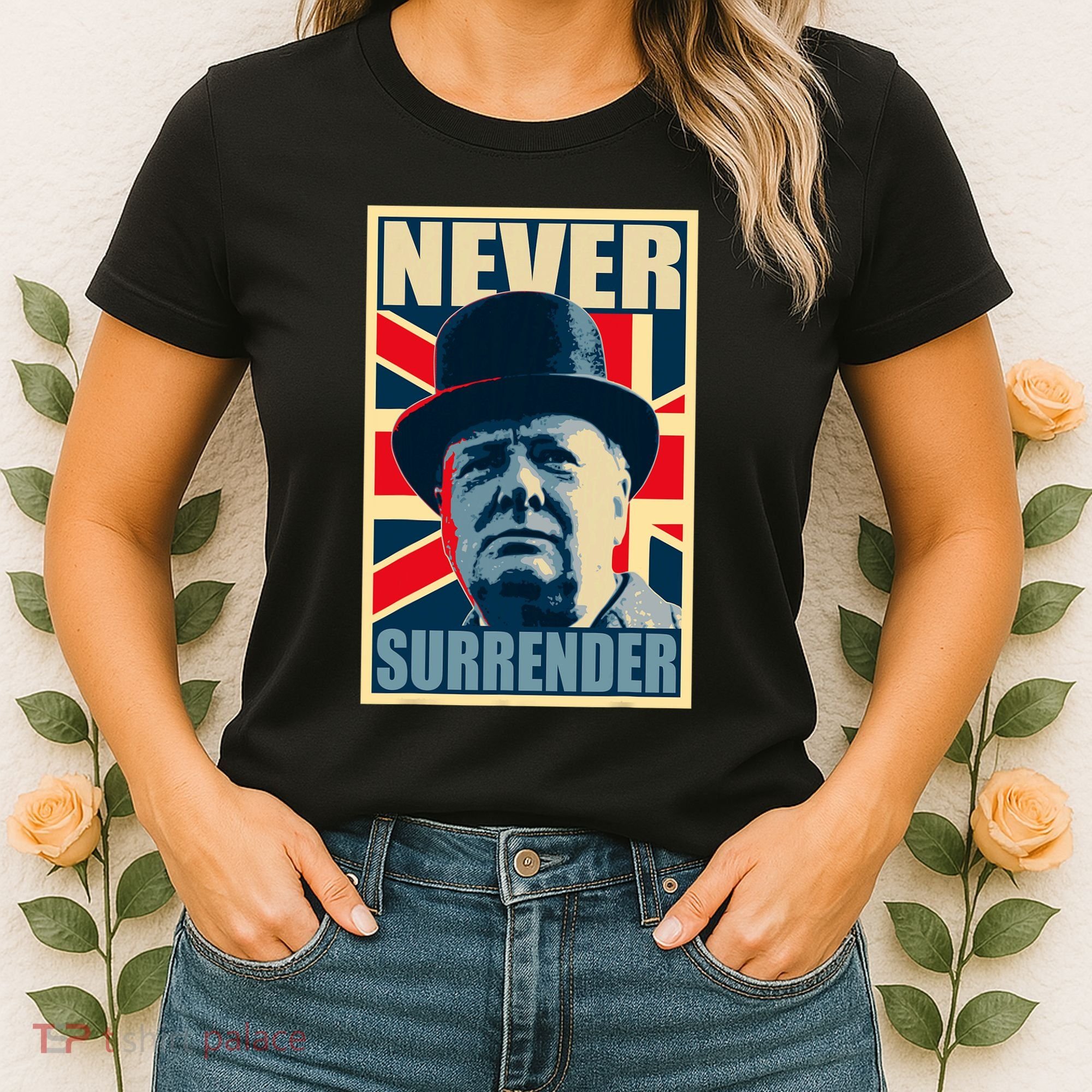 Winston Churchill Never Surrender British Flag Propaganda Women's T-Shirt