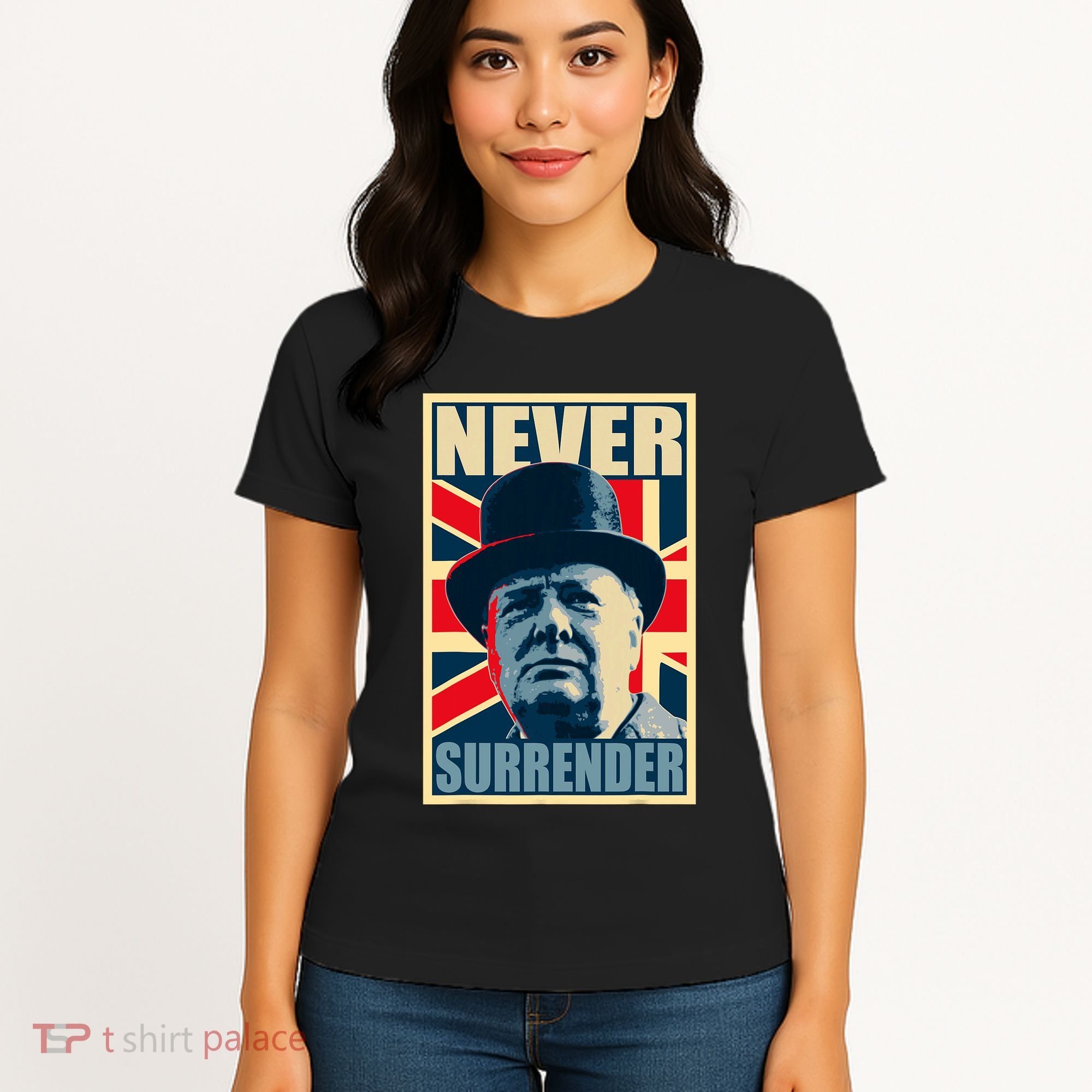 Winston Churchill Never Surrender British Flag Propaganda Women's T-Shirt