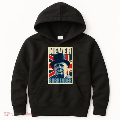 Winston Churchill Never Surrender British Flag Propaganda Kids Hoodie