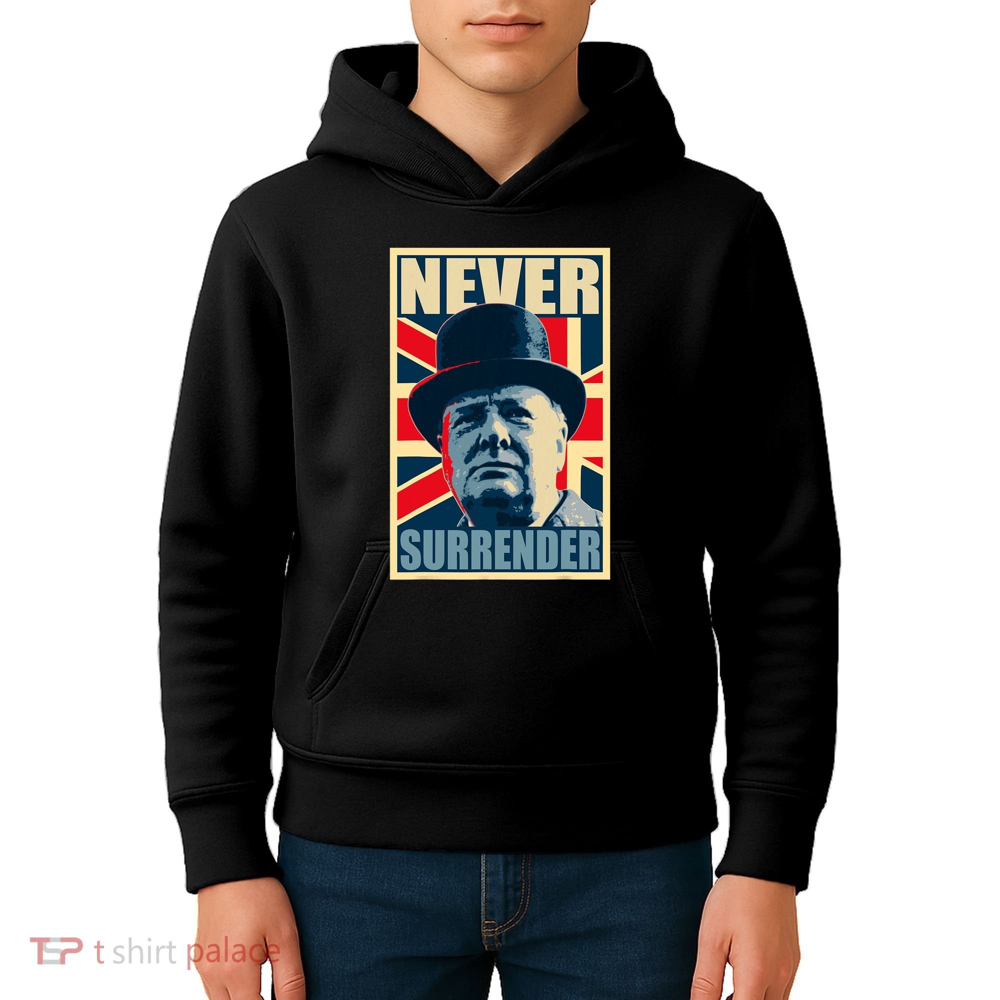 Winston Churchill Never Surrender British Flag Propaganda Kids Hoodie