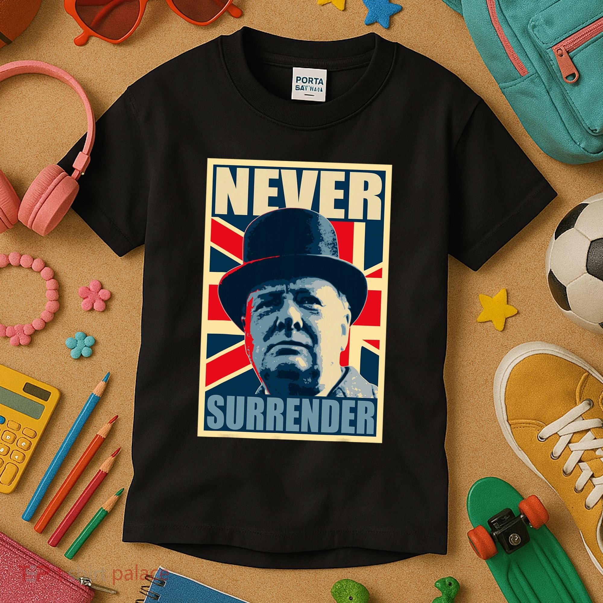 Winston Churchill Never Surrender British Flag Propaganda Kids T-Shirt