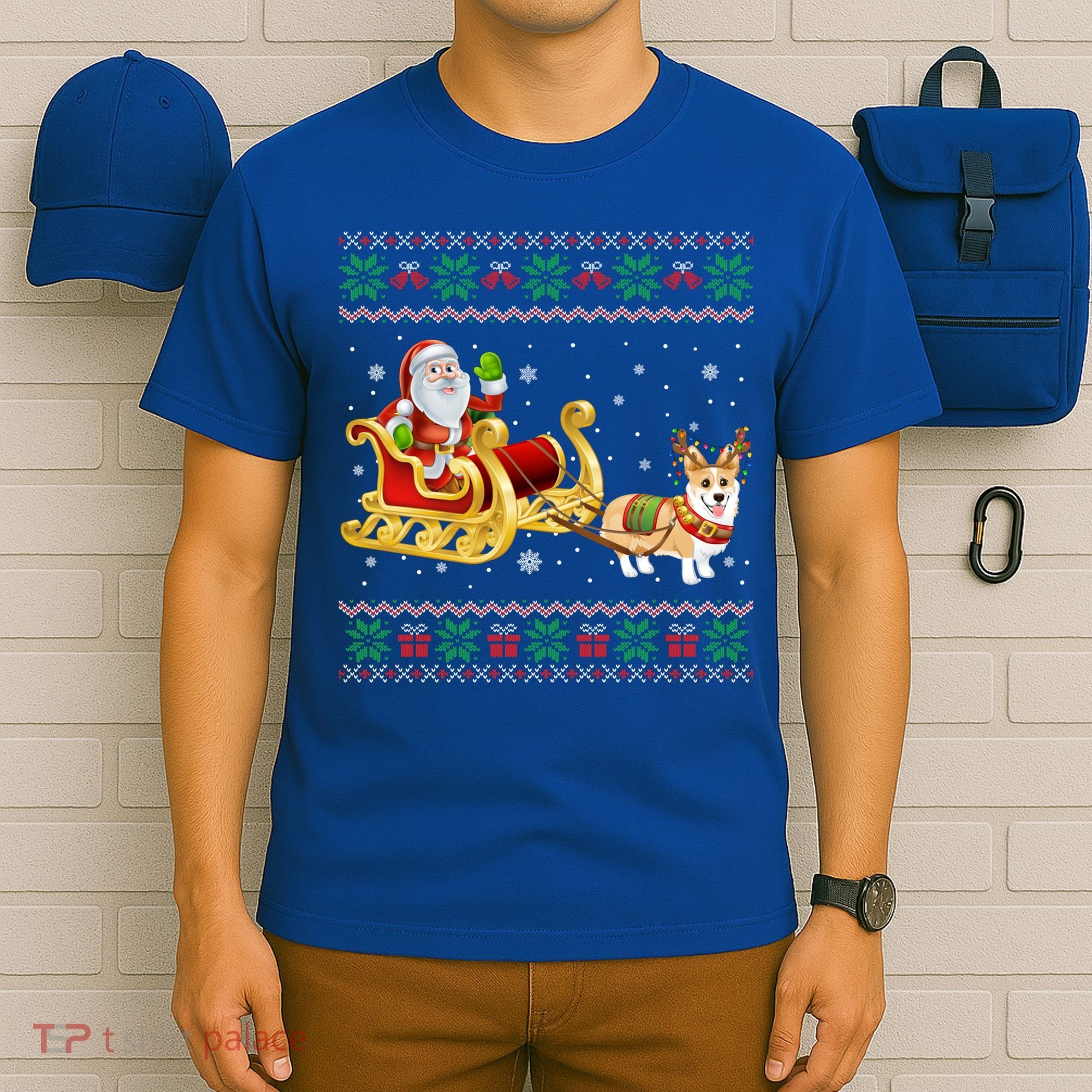 Welsh Corgi Santa Xmas Light Funny Dog Christmas Pajama Cute Gift T-Shirt