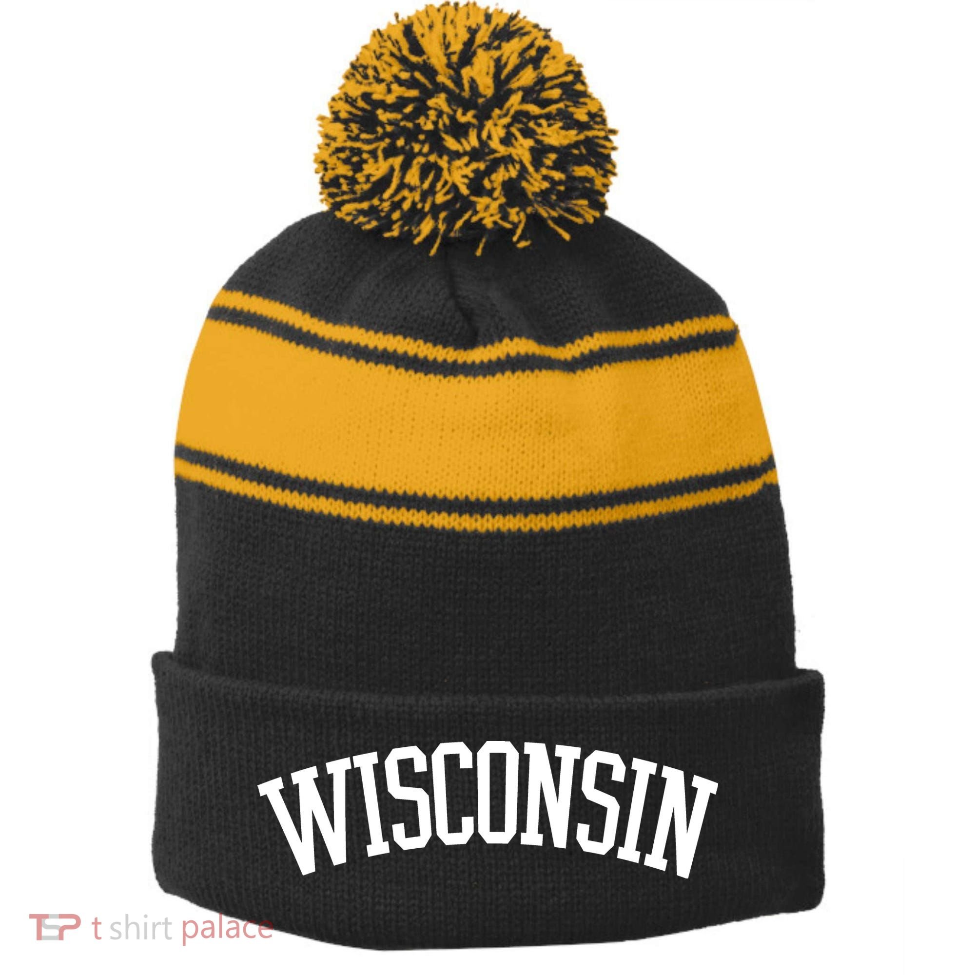 Wisconsin College Sports Fan Logo Stripe Pom Pom Beanie