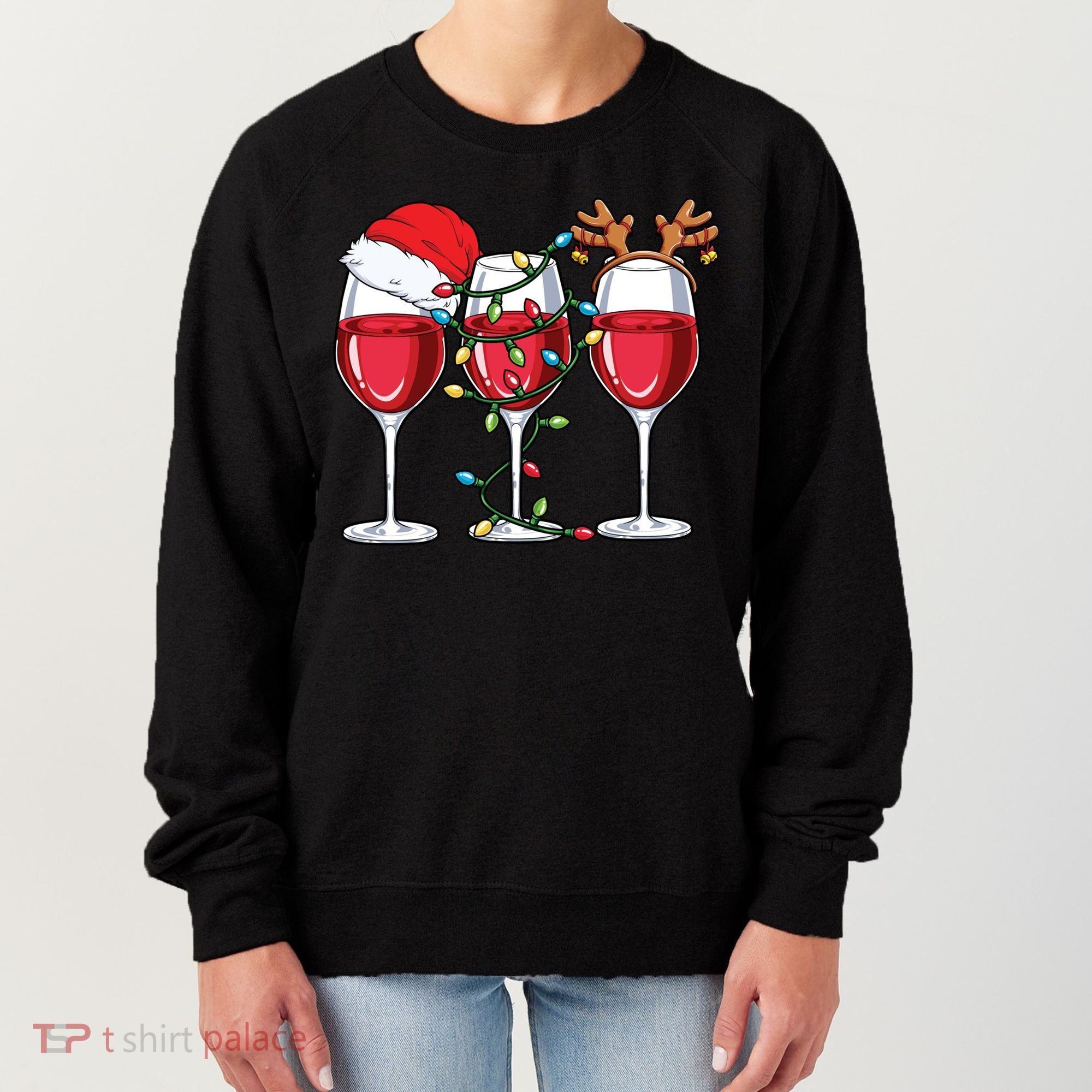 Wine Christmas Santa Hat Xmas Lights Reindeer Antlers Meaningful Gift Women's Sweatshirt