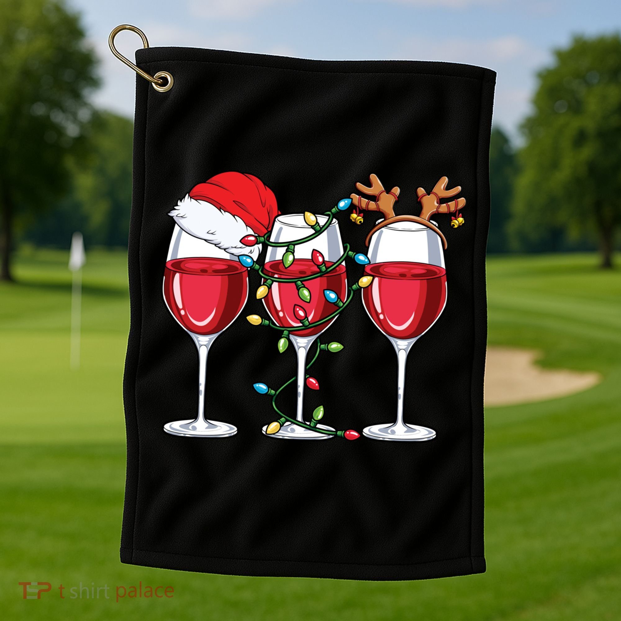 Wine Christmas Santa Hat Xmas Lights Reindeer Antlers Meaningful Gift Golf Towel