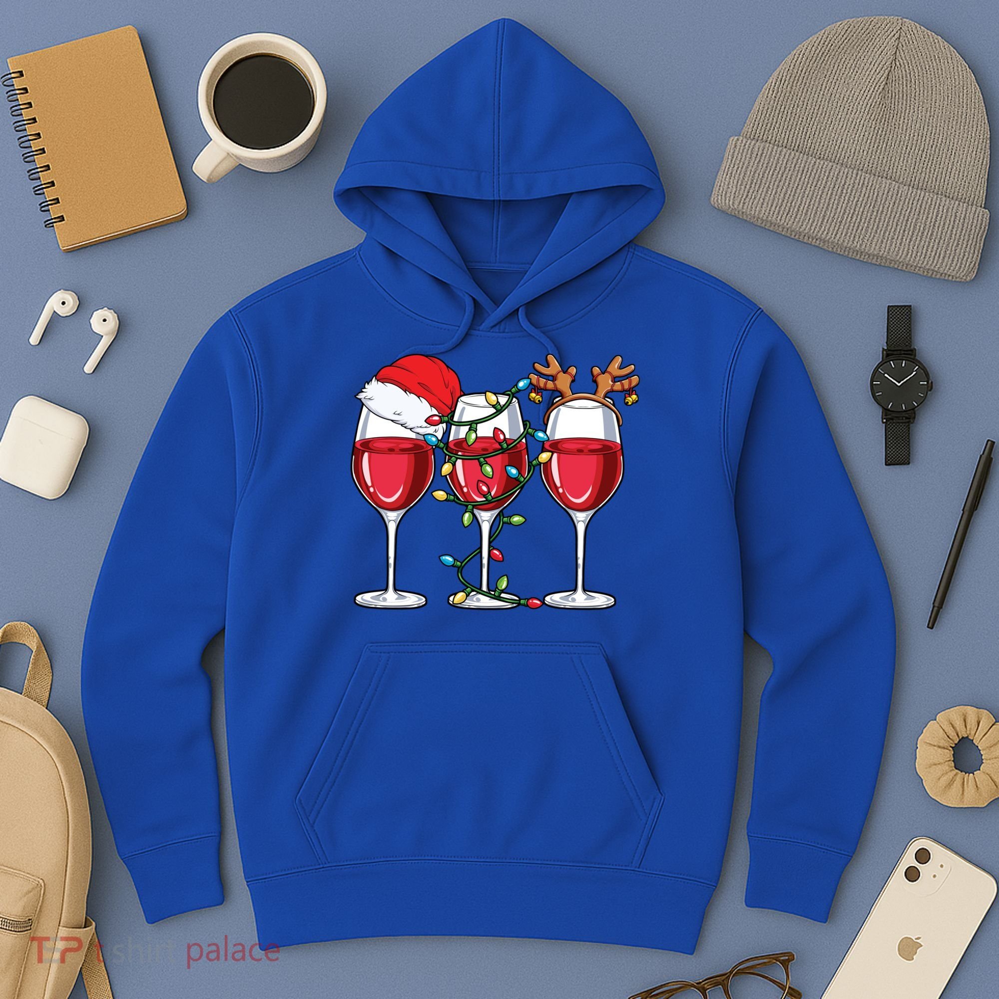 Wine Christmas Santa Hat Xmas Lights Reindeer Antlers Meaningful Gift Hoodie