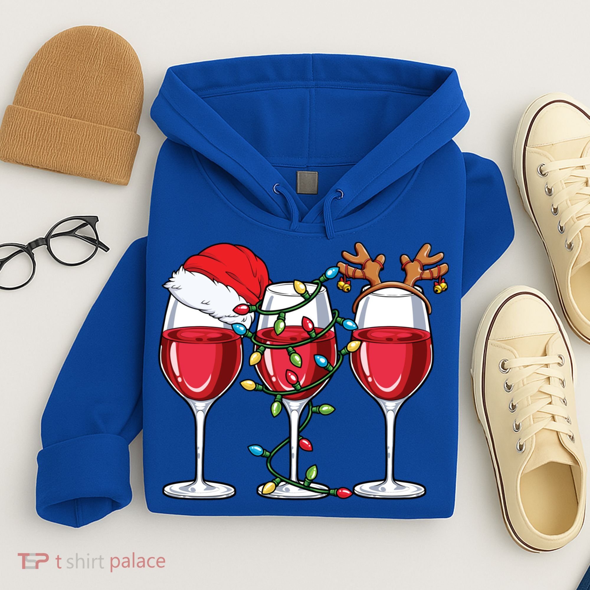 Wine Christmas Santa Hat Xmas Lights Reindeer Antlers Meaningful Gift Hoodie