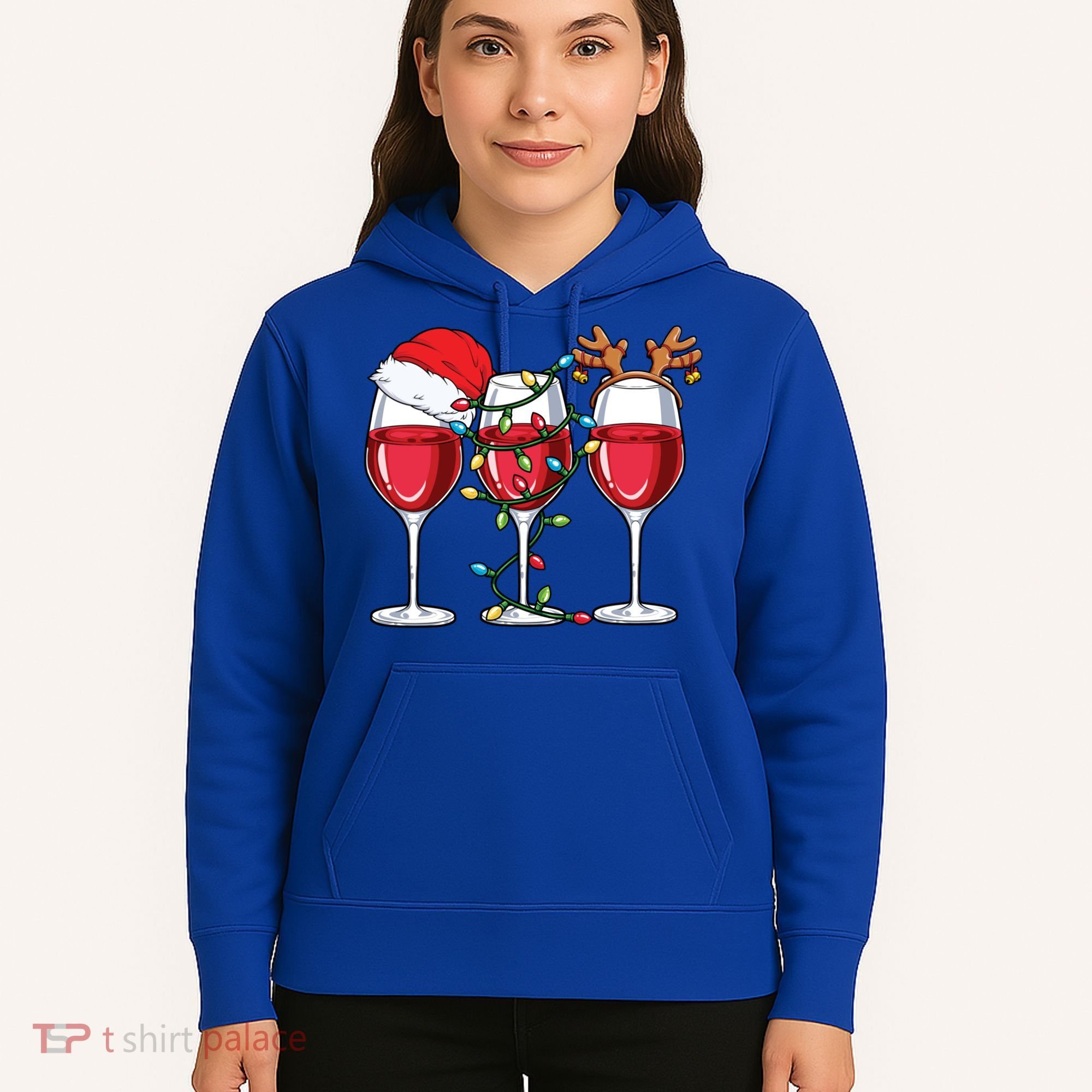 Wine Christmas Santa Hat Xmas Lights Reindeer Antlers Meaningful Gift Hoodie