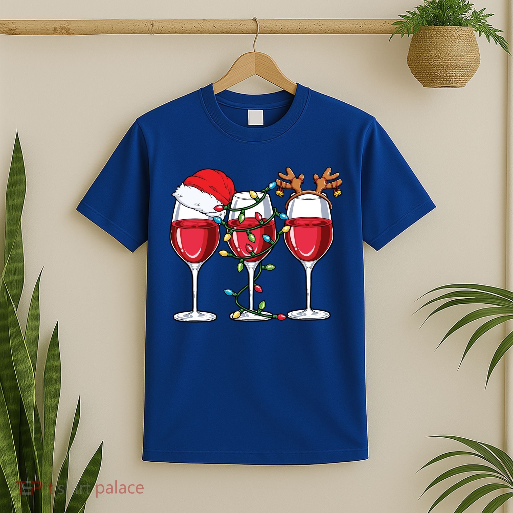 Wine Christmas Santa Hat Xmas Lights Reindeer Antlers Meaningful Gift T-Shirt