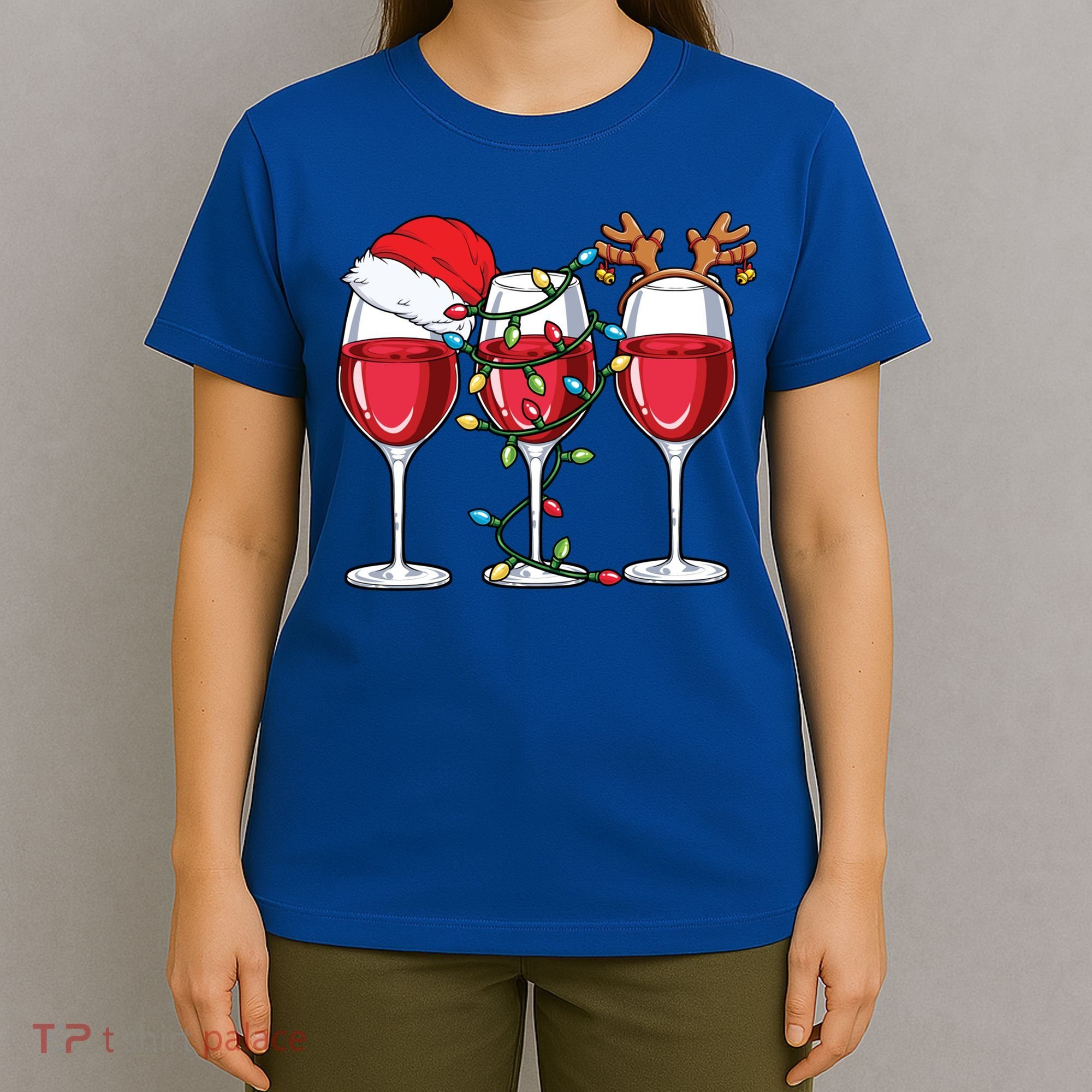 Wine Christmas Santa Hat Xmas Lights Reindeer Antlers Meaningful Gift T-Shirt
