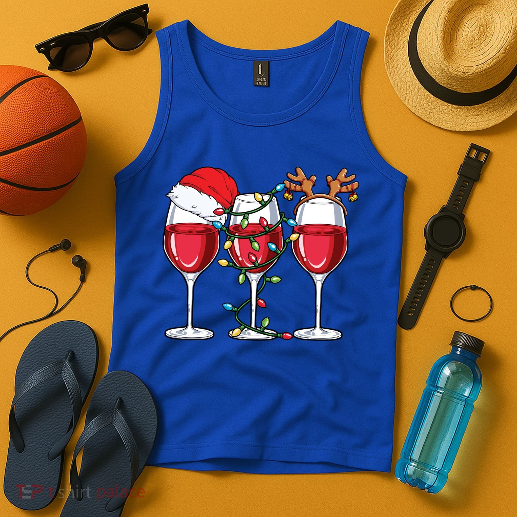 Wine Christmas Santa Hat Xmas Lights Reindeer Antlers Meaningful Gift Tank Top