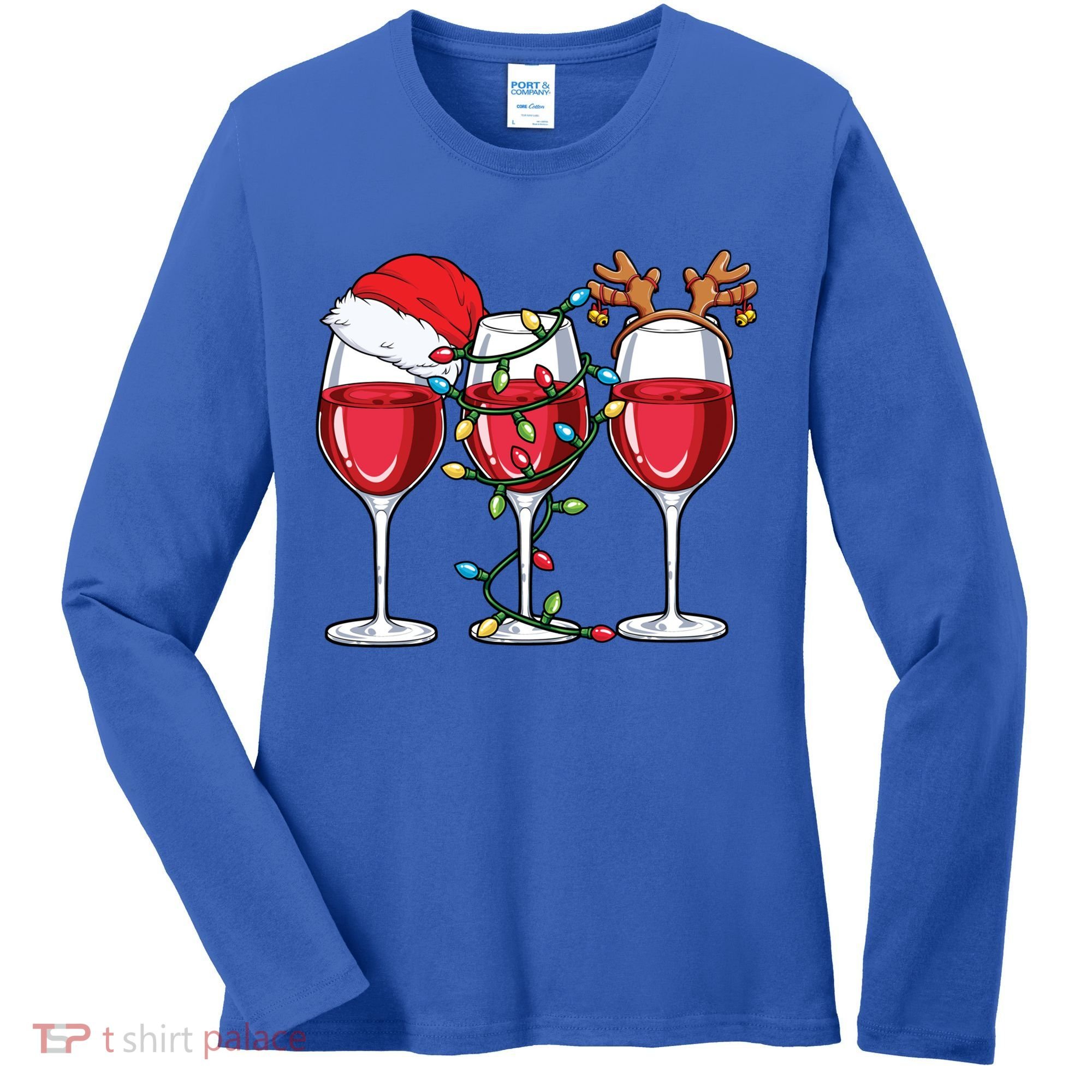 Wine Christmas Santa Hat Xmas Lights Reindeer Antlers Meaningful Gift Women's Long Sleeve Shirt
