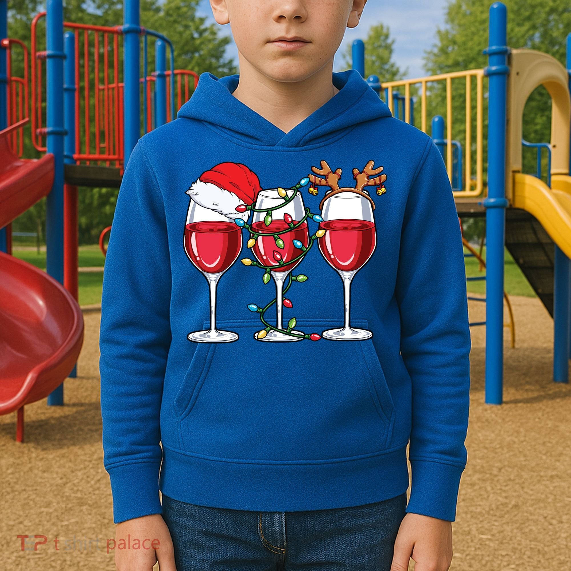 Wine Christmas Santa Hat Xmas Lights Reindeer Antlers Meaningful Gift Kids Hoodie