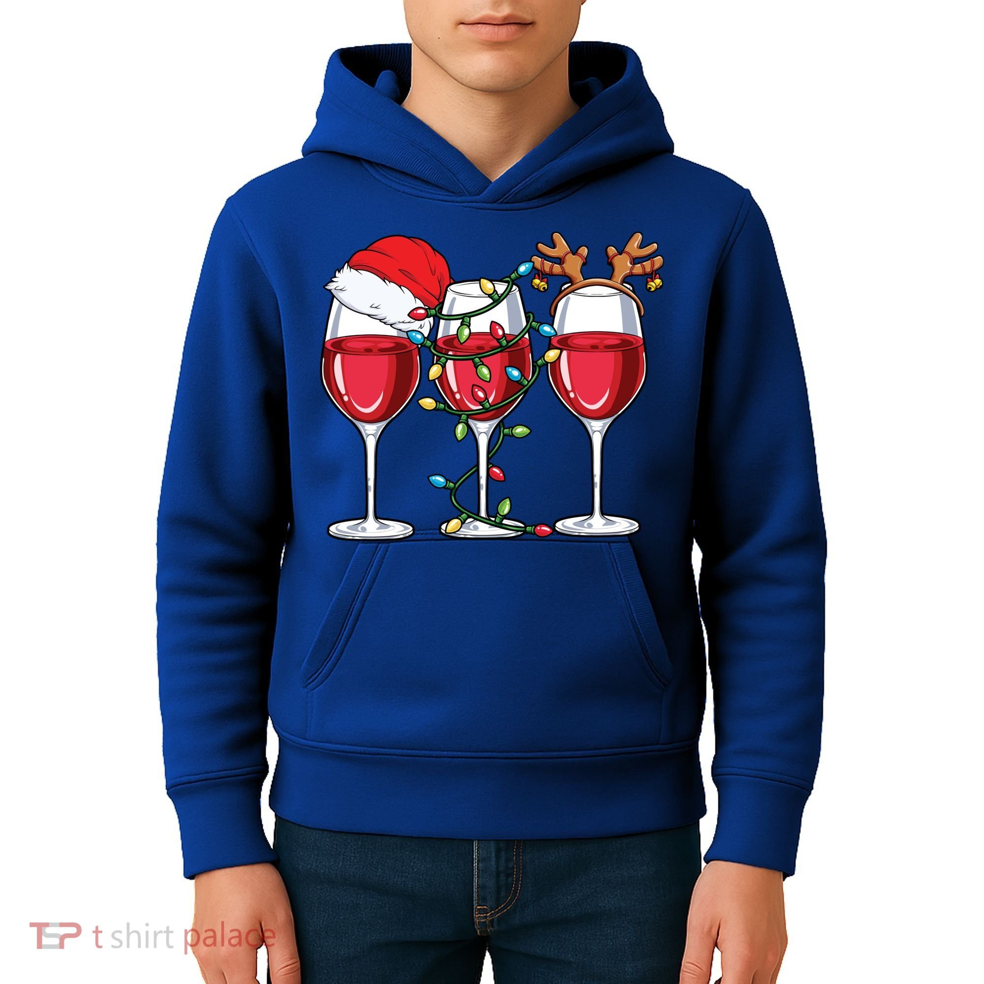 Wine Christmas Santa Hat Xmas Lights Reindeer Antlers Meaningful Gift Kids Hoodie